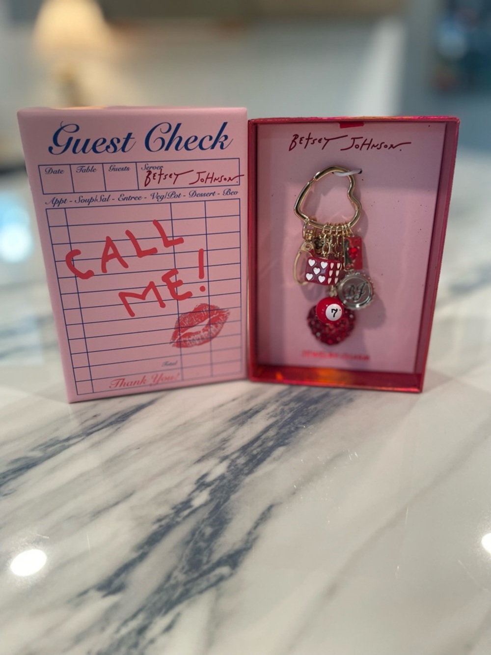 Betsey Johnson Pink and Red 'Call Me' Guest Check Bag Charm/Keychain Set